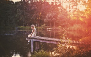 filter, trees, girl, lake, flower in hair, sitting