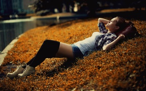 girl, closed eyes, jean shorts, grass, lying on back, plaid