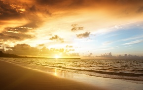 beach, sunrise, sea, clouds