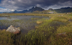 lake, grass, mountain, Norway, nature