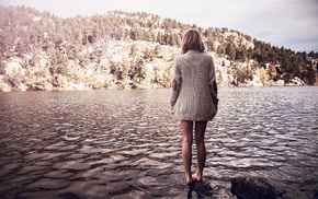 barefoot, girl, lake