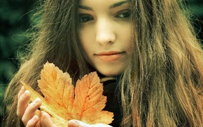 girl, leaves, brunette, face