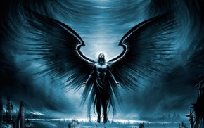 blue, digital art, wings, angel, apocalyptic, Vitaly S Alexius