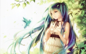 birds, ribbon, petals, anime girls, long hair, green