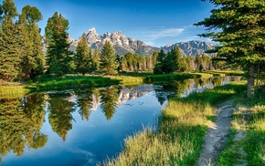lake, sky, mountain, forest, nature