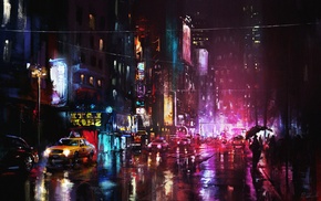 neon, reflection, urban, painting, cityscape