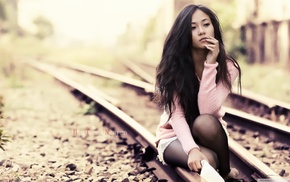 brunette, Huu Trong Nguyen, girl, girl outdoors, railway