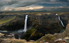 nature, waterfall, sky, mountain