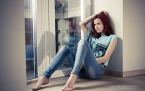hands on head, jeans, redhead, barefoot