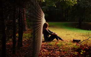 fence, girl, fall, sitting, chain, link