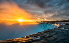water, sky, river, waterfall, sunset