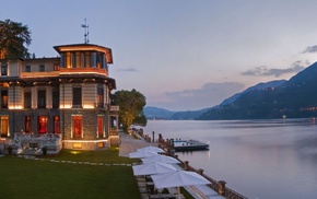 river, mountain, coast, evening, house