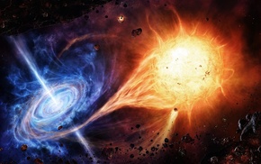quasars, Sun, asteroid, space, stars, abstract