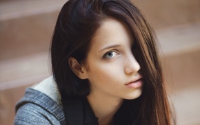 hair in face, sensual gaze, face, looking at viewer, depth of field, Emily Rudd