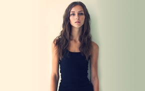 black clothing, face, blue eyes, standing, Rachel Cook, simple background