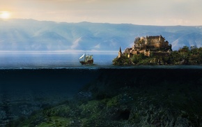 sunken cities, split view, sailing ship, fantasy art, underwater