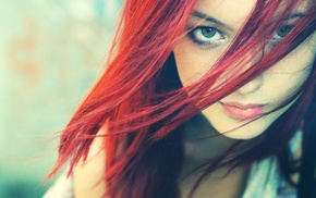 girl, looking at viewer, hair in face, green eyes, dyed hair, redhead