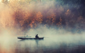 smoke, boat, fishing, water, trees, lake