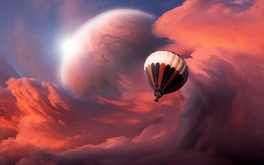 planet, hot air balloons, clouds, abstract, glowing, artwork