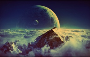 planet, mountain, moon, clouds