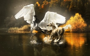 art, fantasy, wings, nature, horses
