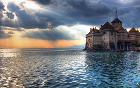 castle, water, sunlight, chillon, clouds, sea