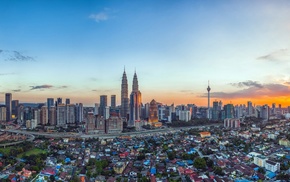 cityscape, Kuala Lumpur, building, Petronas Towers, Malaysia, sunset