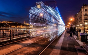 artwork, light trails, train, cityscape, Budapest, lights