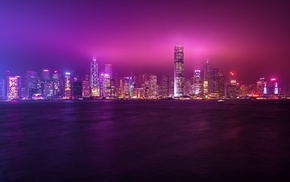 cityscape, building, lights, sea