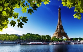 Paris, cityscape, Eiffel Tower, river, leaves, France
