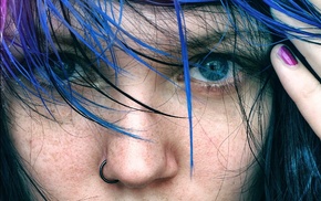 pierced nose, blue hair, blue eyes, girl