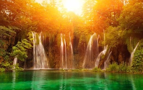 lake, Sun, forest, waterfall, sunset
