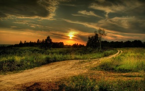 trees, sunset, stunner, field, road