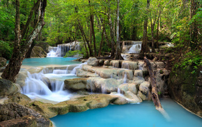stones, river, trees, waterfall, nature