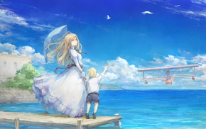 sea, original characters, umbrella, sky