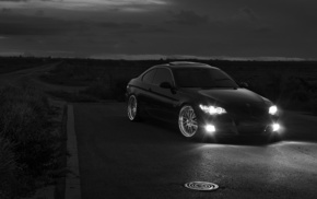 cars, road, black and white background, evening, BMW