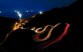 hairpin turns, road, night, light trails