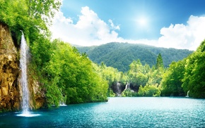 waterfall, forest, bay, nature, clouds