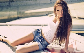 heels, brunette, jean shorts