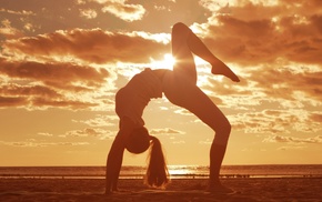 legs, stretching, girl outdoors, sunset, beach, clouds