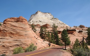 nature, trees, rocks, road, sky