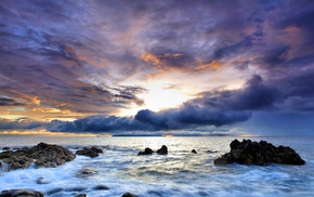 clouds, rock, nature, sunset, sea