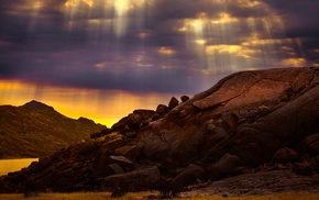 rock, sun rays, landscape