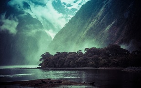 mountain, trees, water, forest, mist