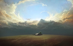 field, clouds, artwork, house