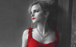 red lipstick, girl, Emma Watson, red dress, selective coloring