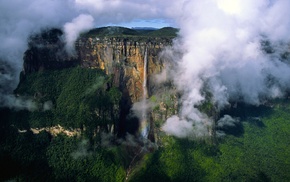 waterfall, clouds, nature
