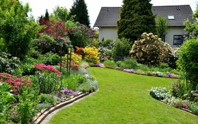 trees, landscape, house, flowers, nature