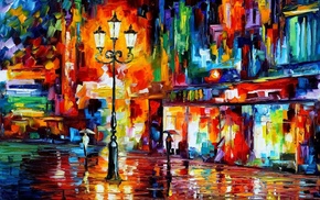 painting, Leonid Afremov, street light, colorful