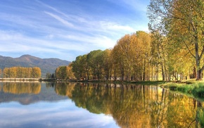 sky, trees, pond, lake, autumn